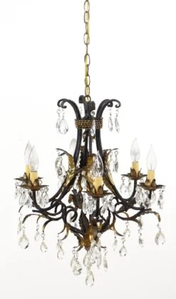 Early 20th Century 6 Arm Black Tole Crystal Chandelier 22 Early 20th Century 6 Arm Black Tole Crystal Chandelier -OGT Sale Store q278231 08