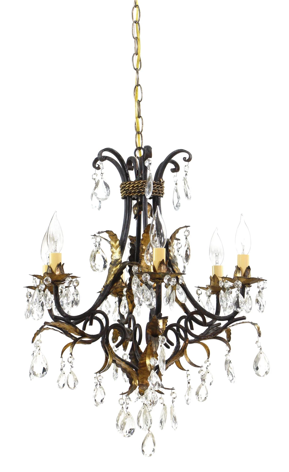 Early 20th Century 6 Arm Black Tole Crystal Chandelier 11 Early 20th Century 6 Arm Black Tole Crystal Chandelier - Image 9