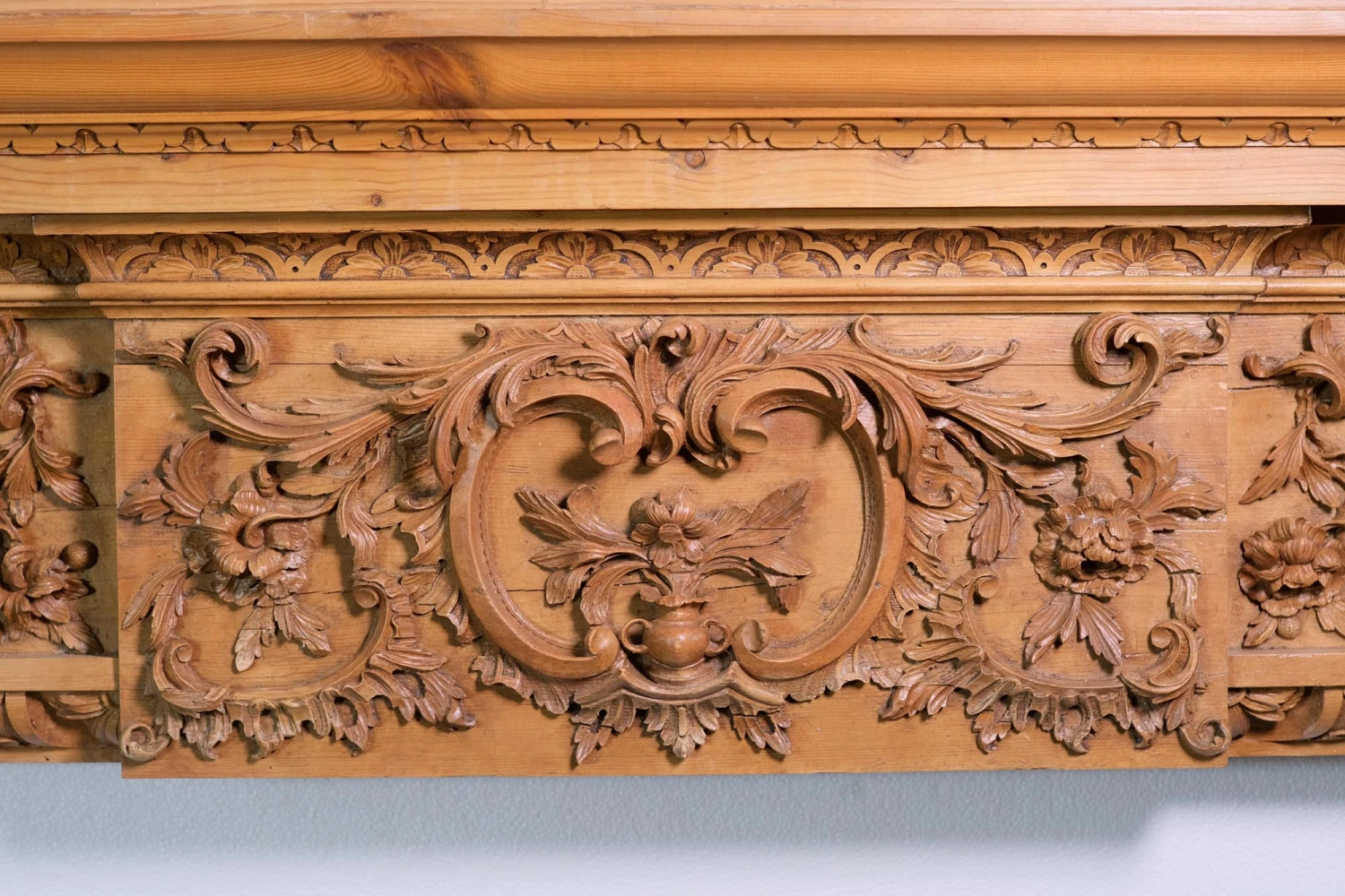 Vintage Carved Pine Floral Rococo Mantel With Over Mantel Molding 7 Vintage Carved Pine Floral Rococo Mantel With Over Mantel Molding - Image 5
