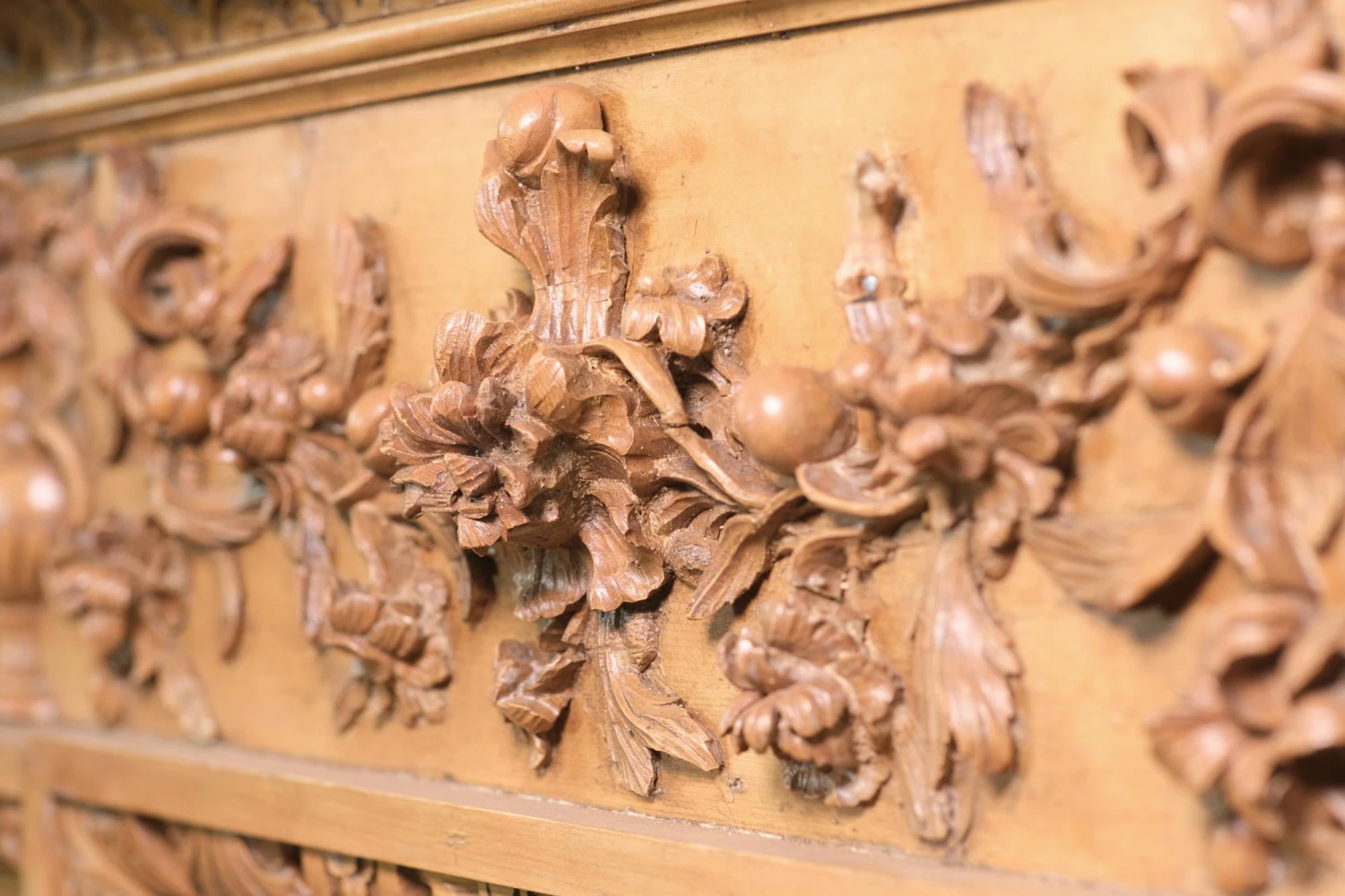 Vintage Carved Pine Floral Rococo Mantel With Over Mantel Molding 9 Vintage Carved Pine Floral Rococo Mantel With Over Mantel Molding - Image 7
