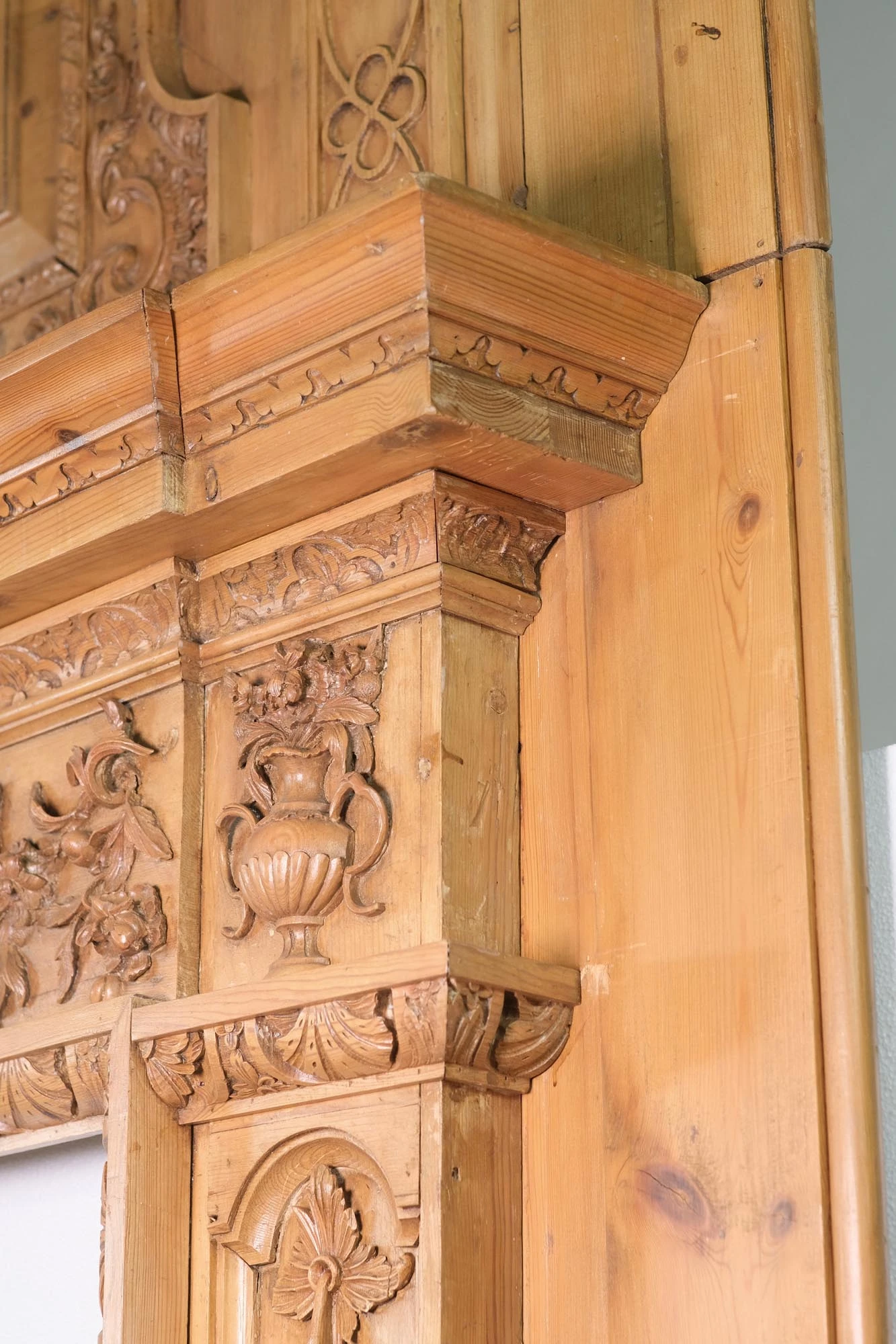 Vintage Carved Pine Floral Rococo Mantel With Over Mantel Molding 11 Vintage Carved Pine Floral Rococo Mantel With Over Mantel Molding - Image 9