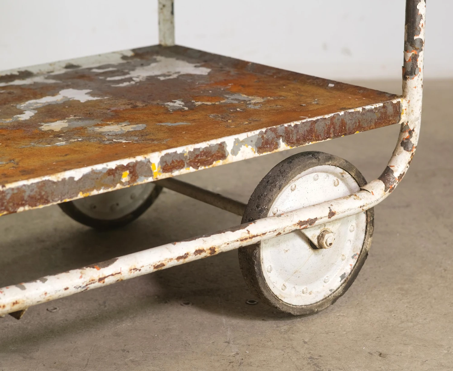 Reclaimed 3 Tier Industrial White Painted Steel Cart 6 Reclaimed 3 Tier Industrial White Painted Steel Cart - Image 4