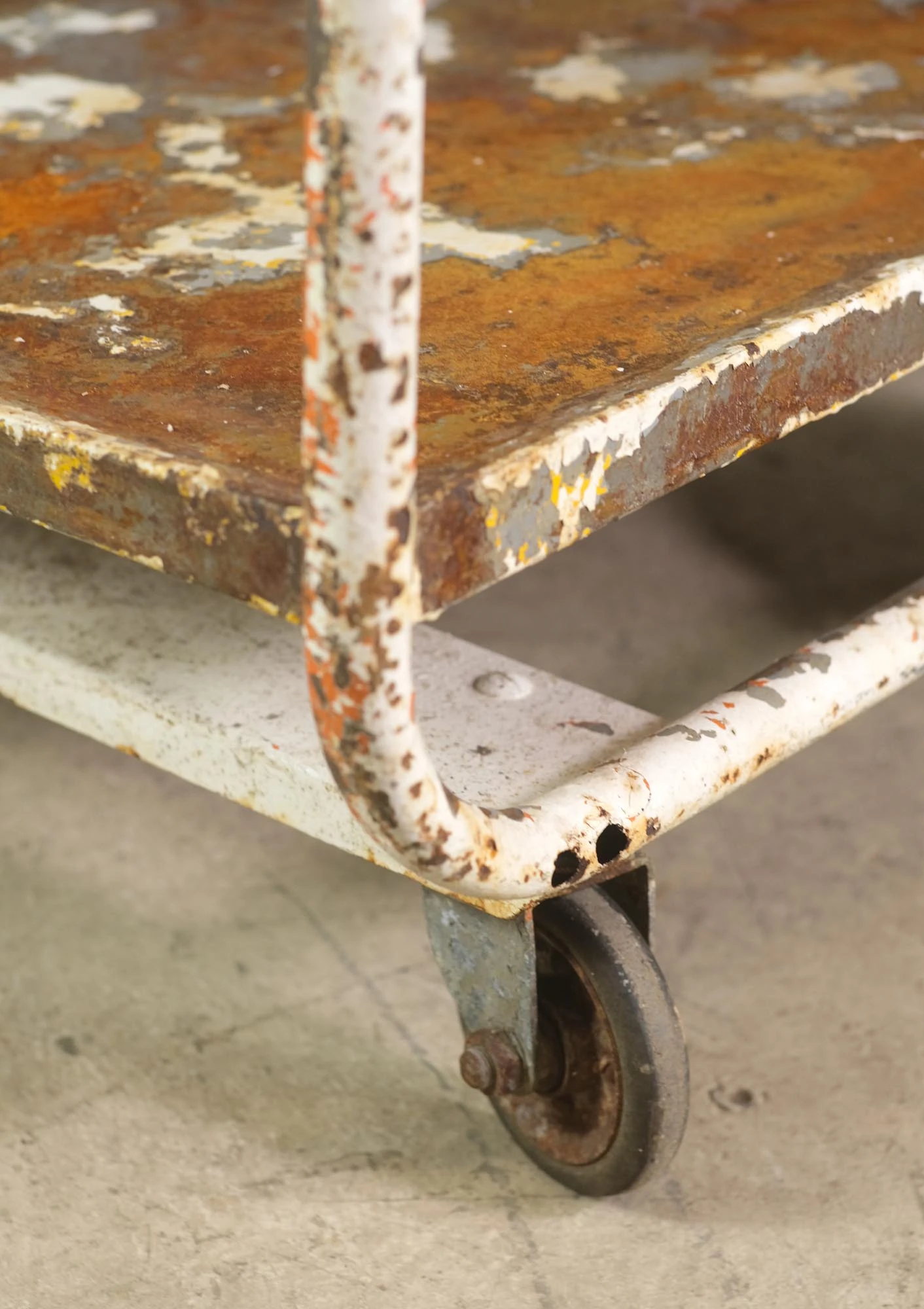 Reclaimed 3 Tier Industrial White Painted Steel Cart 7 Reclaimed 3 Tier Industrial White Painted Steel Cart - Image 5