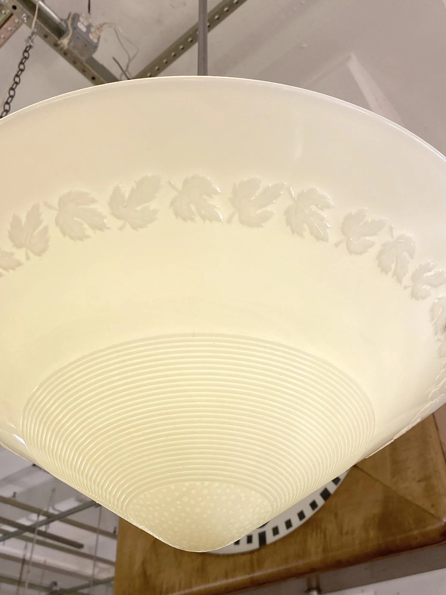 Art Deco Oak Leaf Milk Glass Dish Pendant Light 7 Art Deco Oak Leaf Milk Glass Dish Pendant Light - Image 5