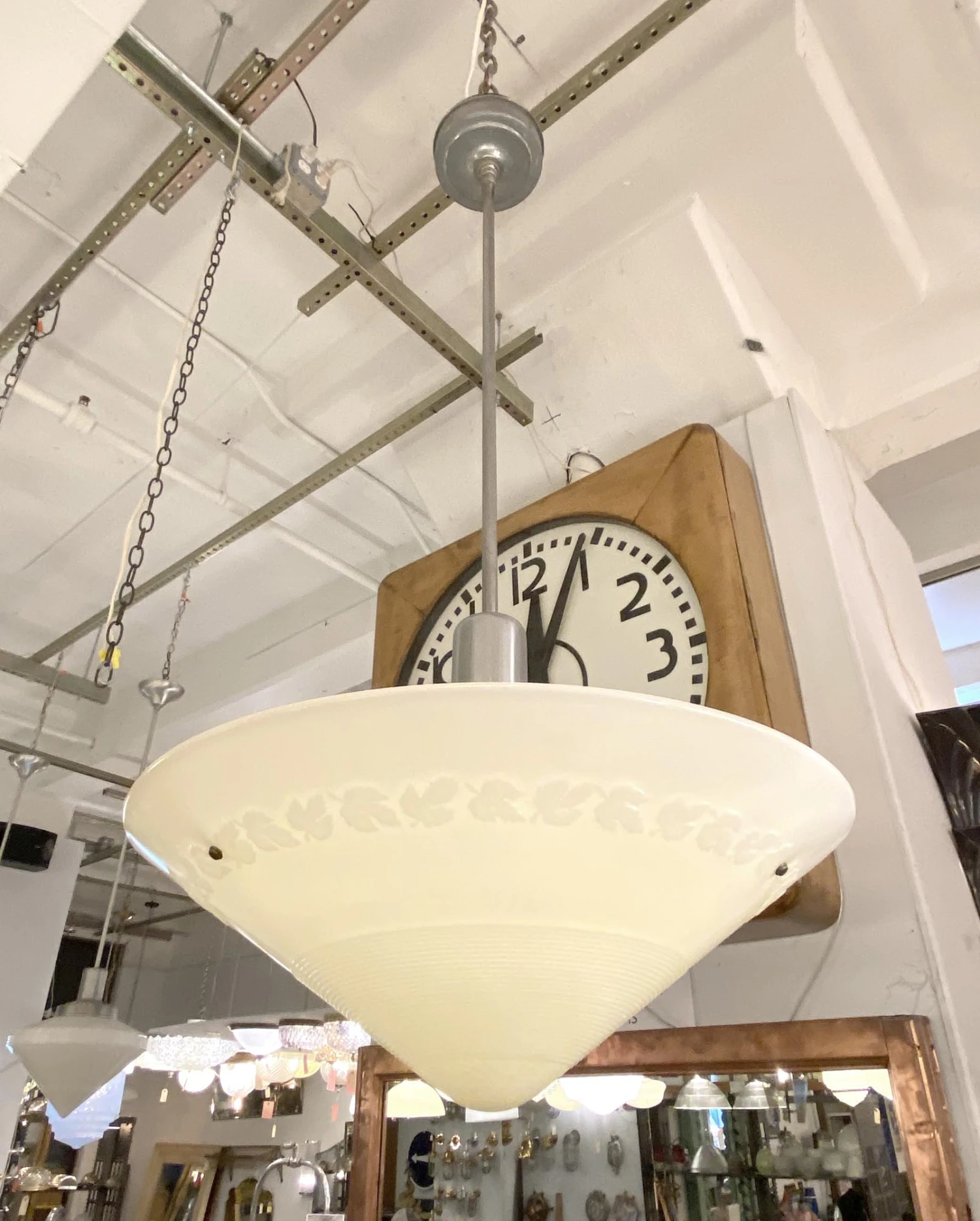 Art Deco Oak Leaf Milk Glass Dish Pendant Light 12 Art Deco Oak Leaf Milk Glass Dish Pendant Light - Image 10