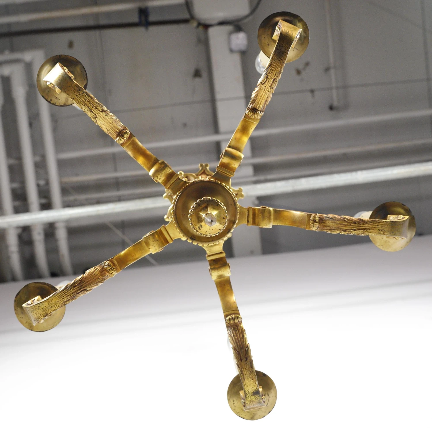 Art Deco 5 Arm Cast Brass 22 In. Chandelier 17 Art Deco 5 Arm Cast Brass 22 In. Chandelier - Image 15