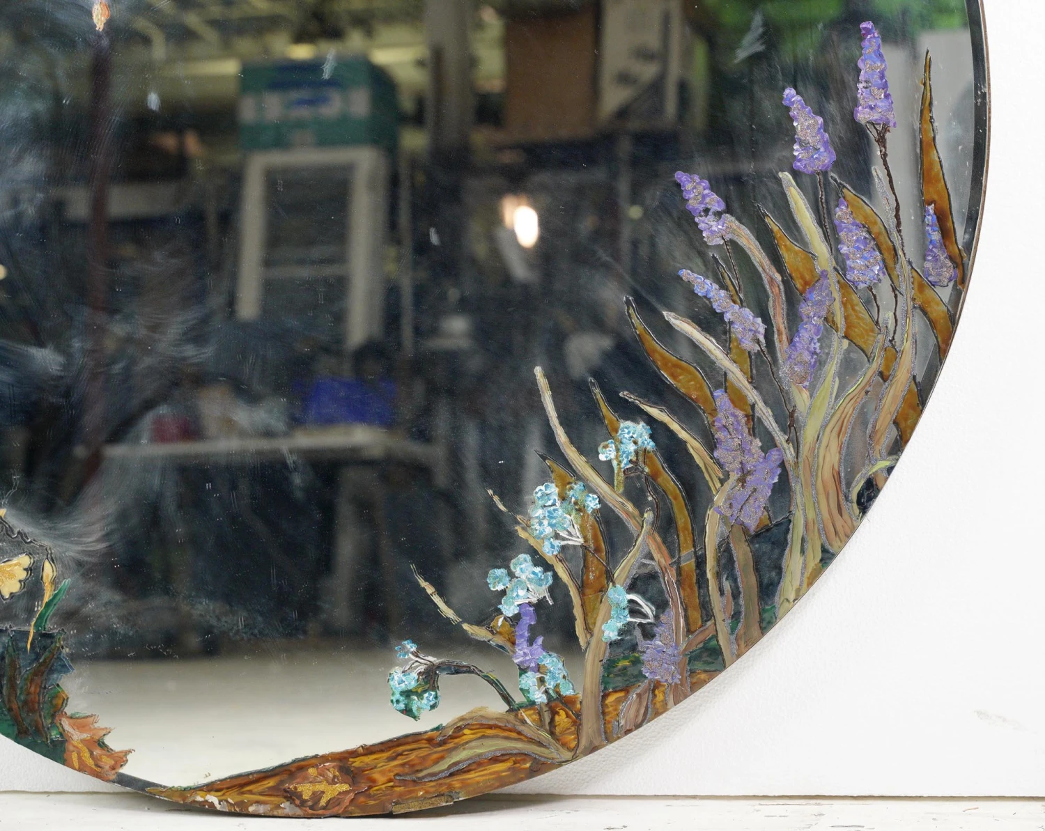 Vintage Hand Painted Edge Floral Round 44 In. Wall Mirror 6 Vintage Hand Painted Edge Floral Round 44 In. Wall Mirror - Image 4