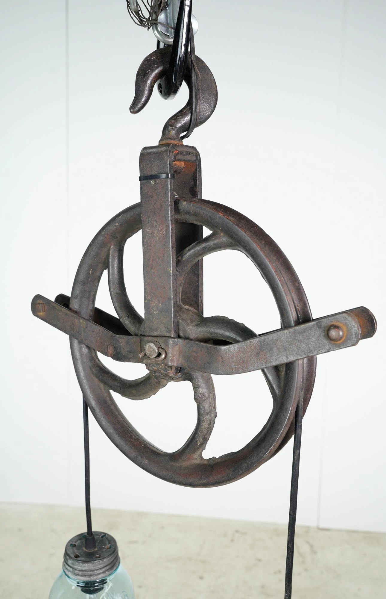 Repurposed Industrial Steel Pulley Glass Mason Jars Pendant Light 8 Repurposed Industrial Steel Pulley Glass Mason Jars Pendant Light - Image 6