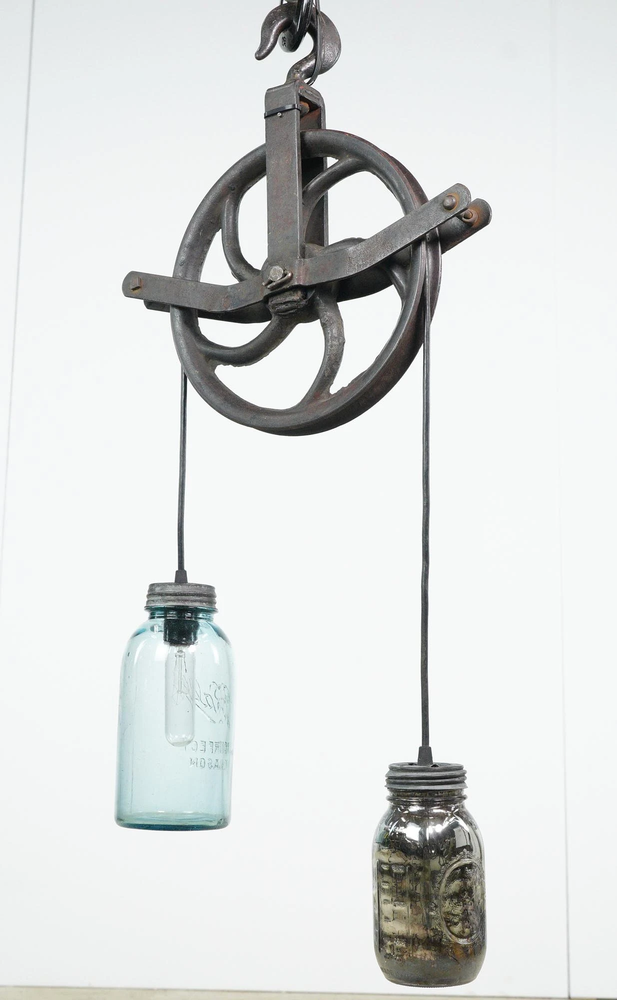 Repurposed Industrial Steel Pulley Glass Mason Jars Pendant Light 10 Repurposed Industrial Steel Pulley Glass Mason Jars Pendant Light - Image 8