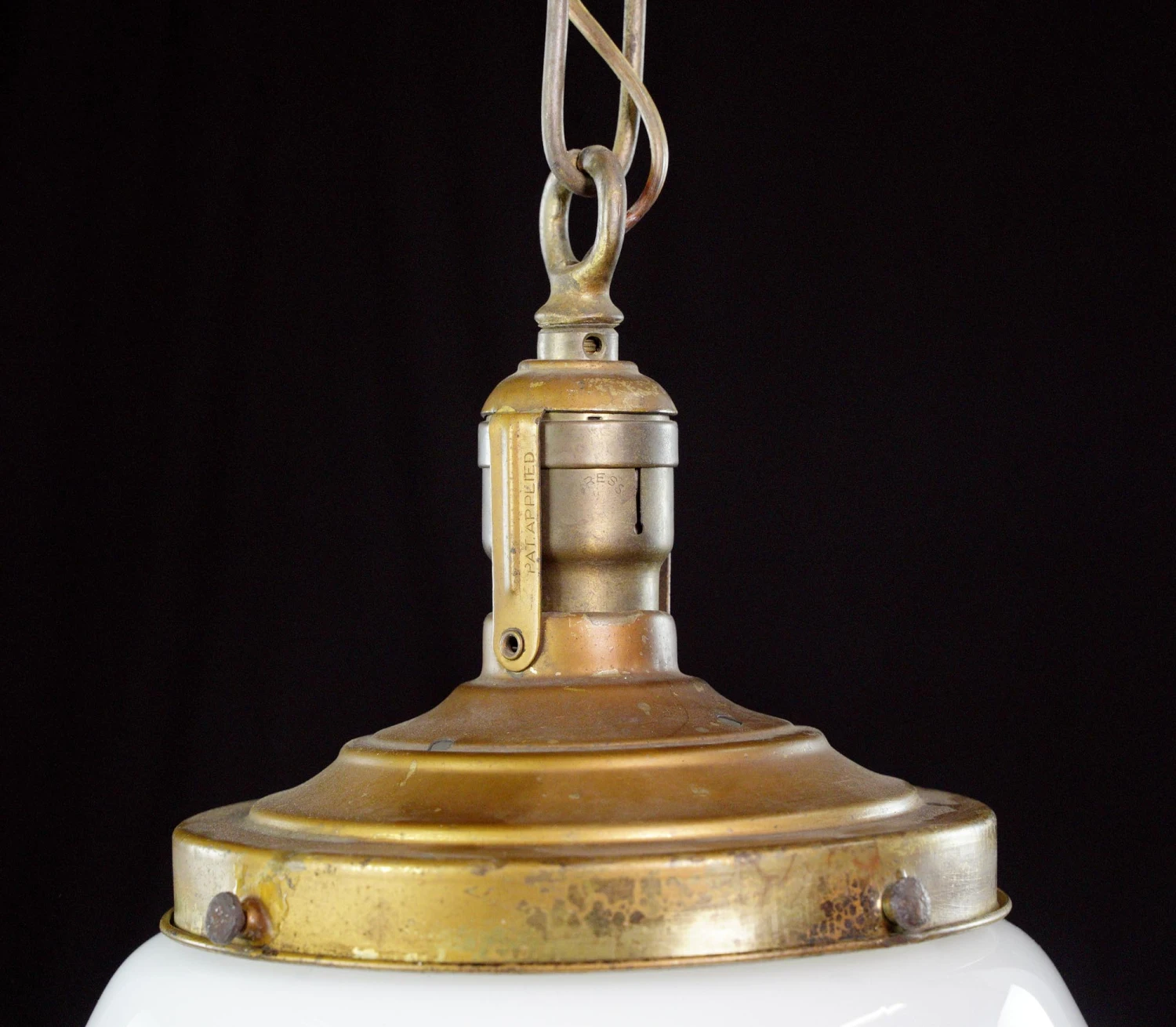 Antique 15 In. Schoolhouse White Milk Glass & Brass Chain Pendant Light 6 Antique 15 In. Schoolhouse White Milk Glass & Brass Chain Pendant Light - Image 4