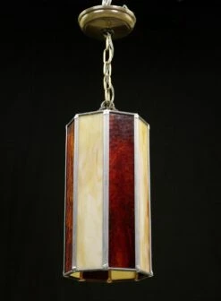 Vintage Red & Tan Leaded Stained Glass Brass Chain Pendant Light -OGT Sale Store q282858 05