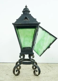 Vintage Black Iron Standing Green Slag Glass Lantern 18 Vintage Black Iron Standing Green Slag Glass Lantern -OGT Sale Store q282973 04