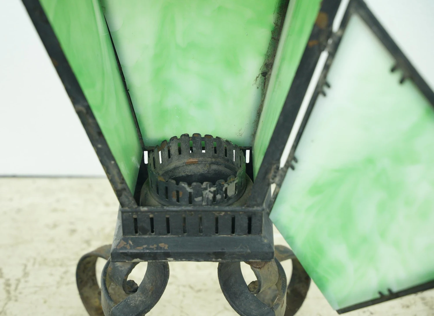 Vintage Black Iron Standing Green Slag Glass Lantern 7 Vintage Black Iron Standing Green Slag Glass Lantern - Image 5