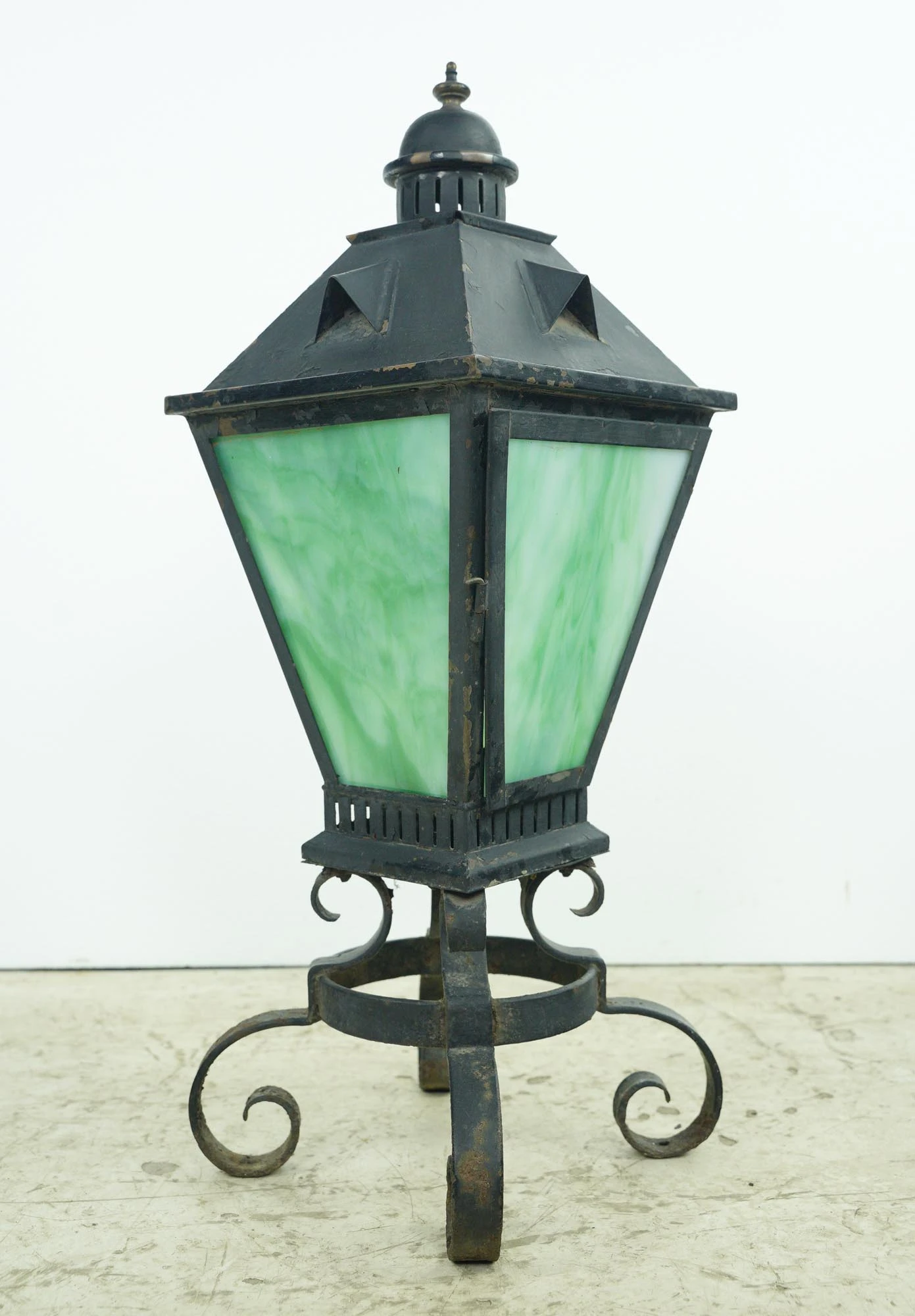 Vintage Black Iron Standing Green Slag Glass Lantern 10 Vintage Black Iron Standing Green Slag Glass Lantern - Image 8