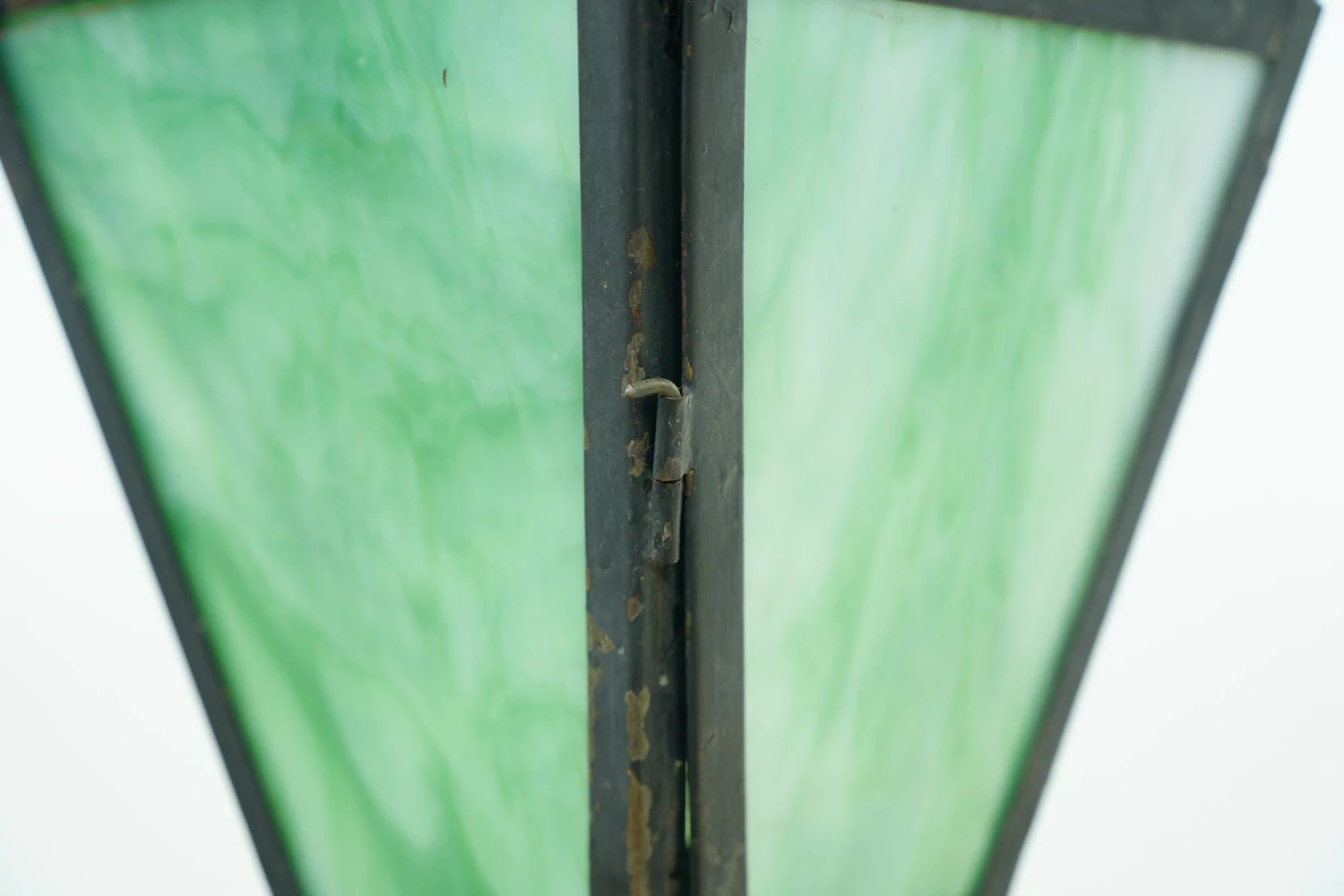 Vintage Black Iron Standing Green Slag Glass Lantern 11 Vintage Black Iron Standing Green Slag Glass Lantern - Image 9