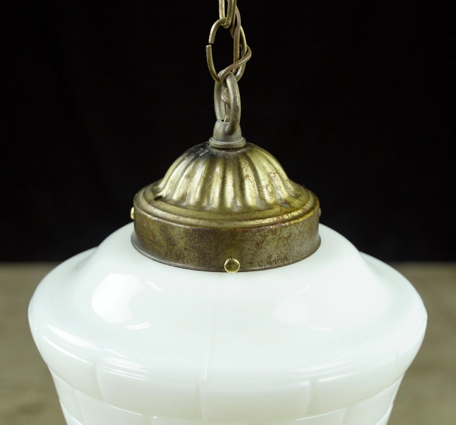 Antique Schoolhouse Brick Pattern Milk Glass Globe Brass Chain Pendant Light 8 Antique Schoolhouse Brick Pattern Milk Glass Globe Brass Chain Pendant Light - Image 6