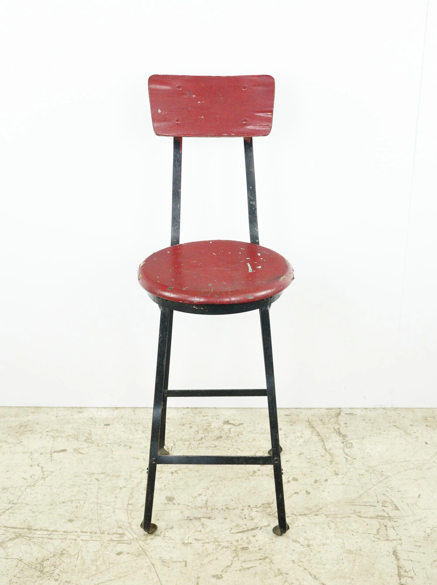 Vintage Black Steel & Red Wood Seat Counter Workshop Stool 6 Vintage Black Steel & Red Wood Seat Counter Workshop Stool - Image 4