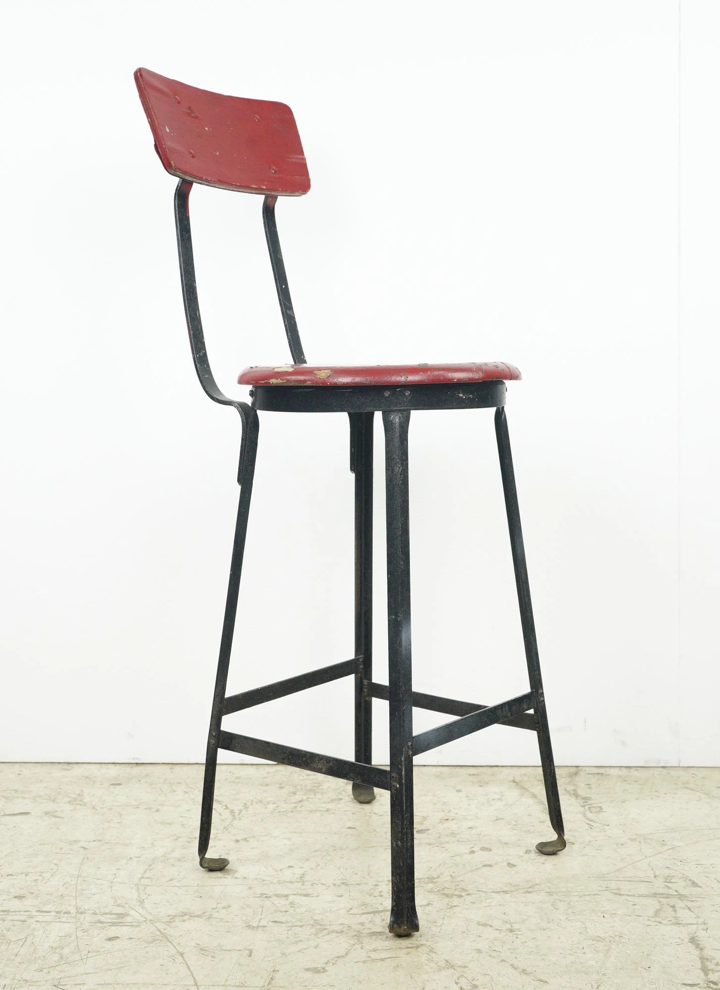 Vintage Black Steel & Red Wood Seat Counter Workshop Stool 8 Vintage Black Steel & Red Wood Seat Counter Workshop Stool - Image 6