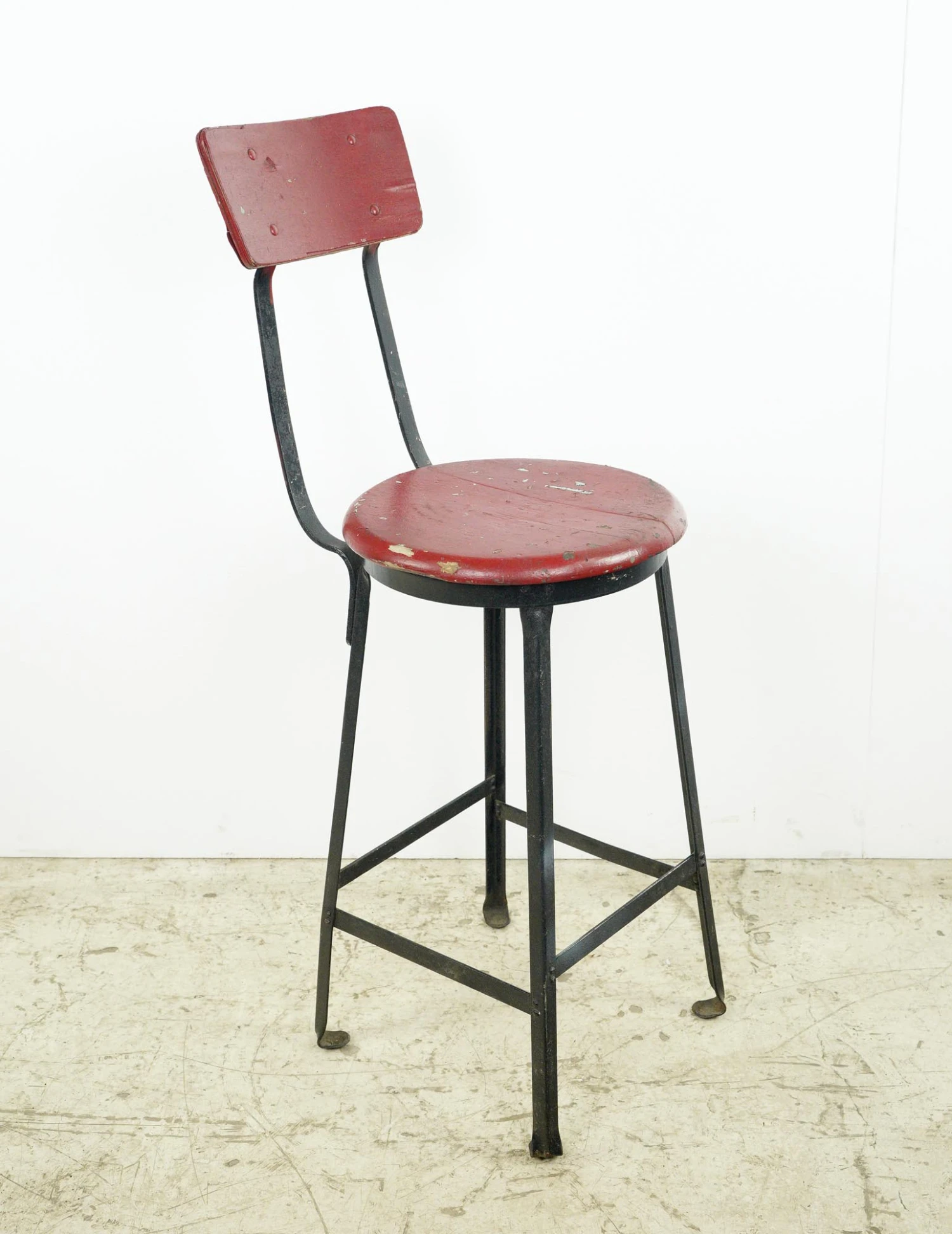 Vintage Black Steel & Red Wood Seat Counter Workshop Stool 9 Vintage Black Steel & Red Wood Seat Counter Workshop Stool - Image 7