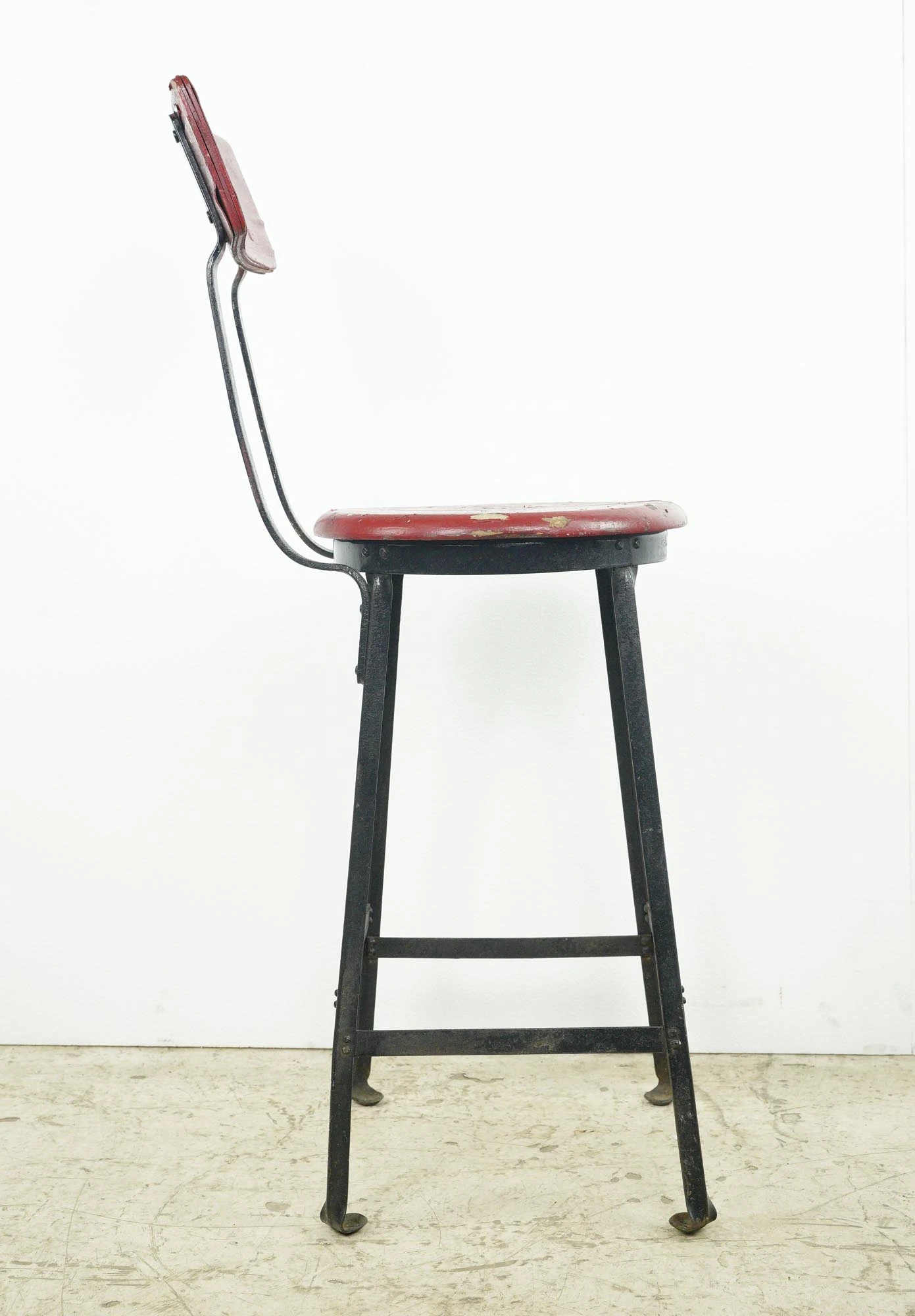 Vintage Black Steel & Red Wood Seat Counter Workshop Stool 11 Vintage Black Steel & Red Wood Seat Counter Workshop Stool - Image 9