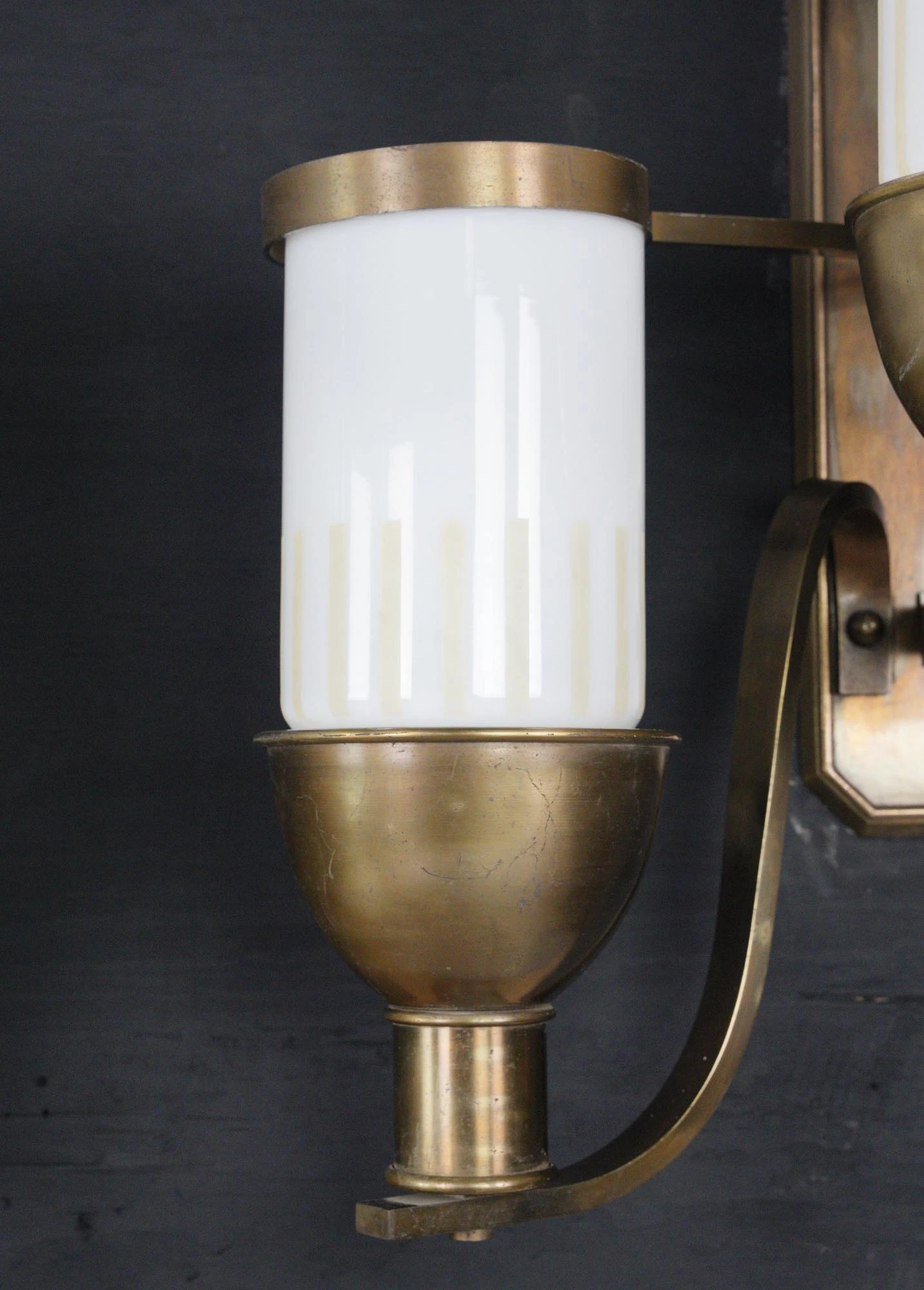 Pair Of Art Deco White Glass Shade 3 Arm Bronze Wall Sconces 6 Pair Of Art Deco White Glass Shade 3 Arm Bronze Wall Sconces - Image 4