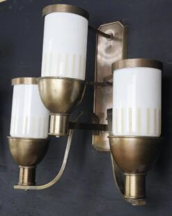 Pair Of Art Deco White Glass Shade 3 Arm Bronze Wall Sconces 16 Pair Of Art Deco White Glass Shade 3 Arm Bronze Wall Sconces -OGT Sale Store q283033 06