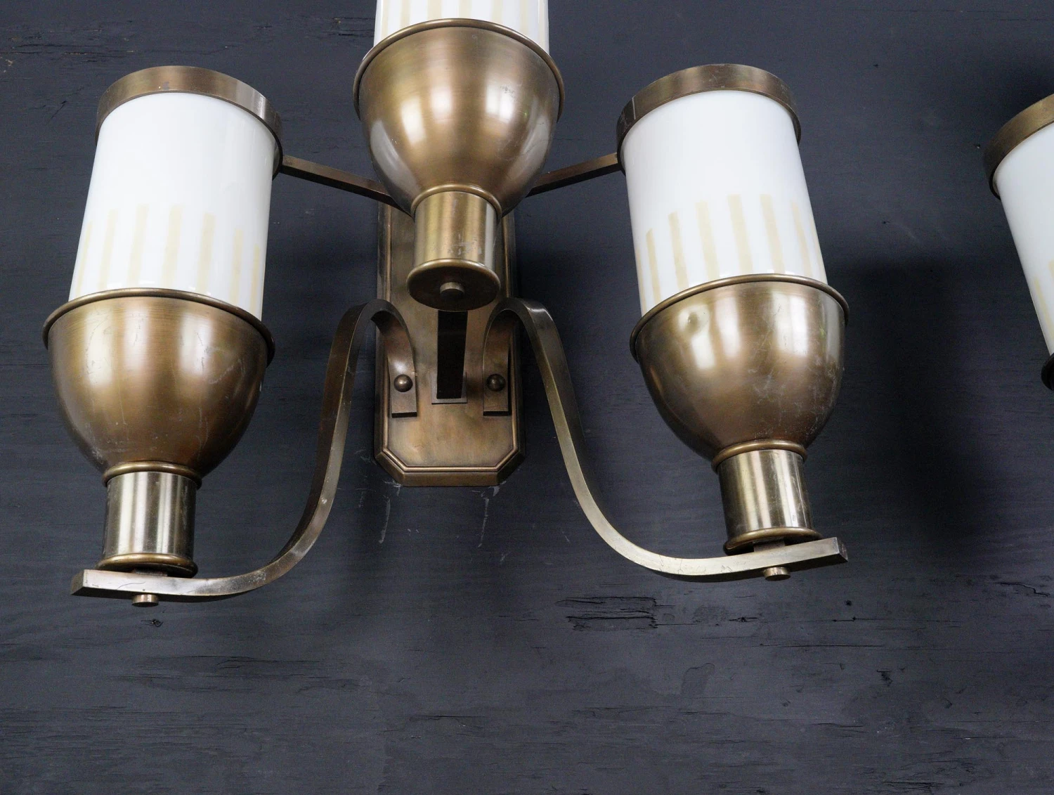 Pair Of Art Deco White Glass Shade 3 Arm Bronze Wall Sconces 11 Pair Of Art Deco White Glass Shade 3 Arm Bronze Wall Sconces - Image 9