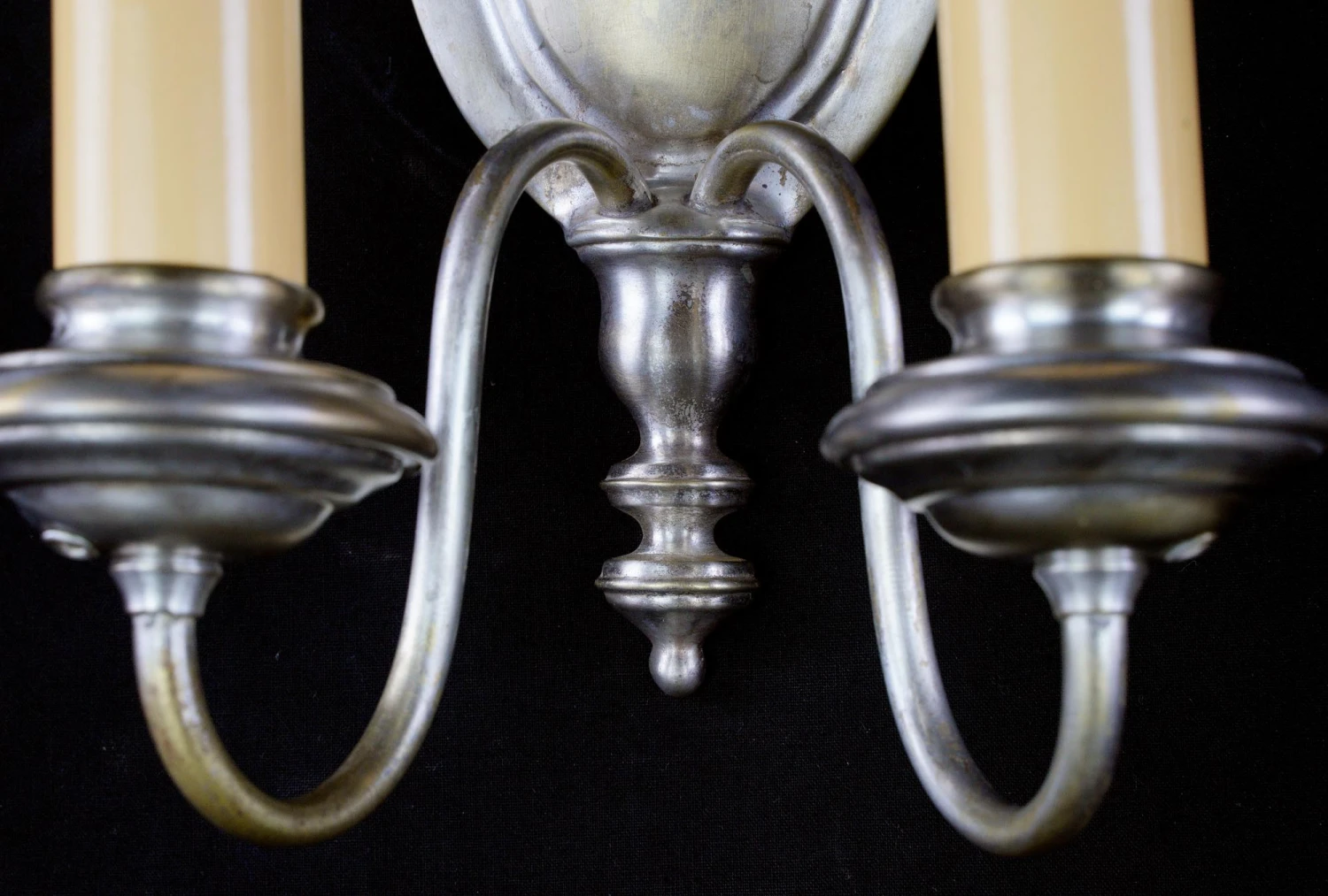 Restored Pair Of Colonial Nickeled Brass 2 Arm Wall Sconces 8 Restored Pair Of Colonial Nickeled Brass 2 Arm Wall Sconces - Image 6