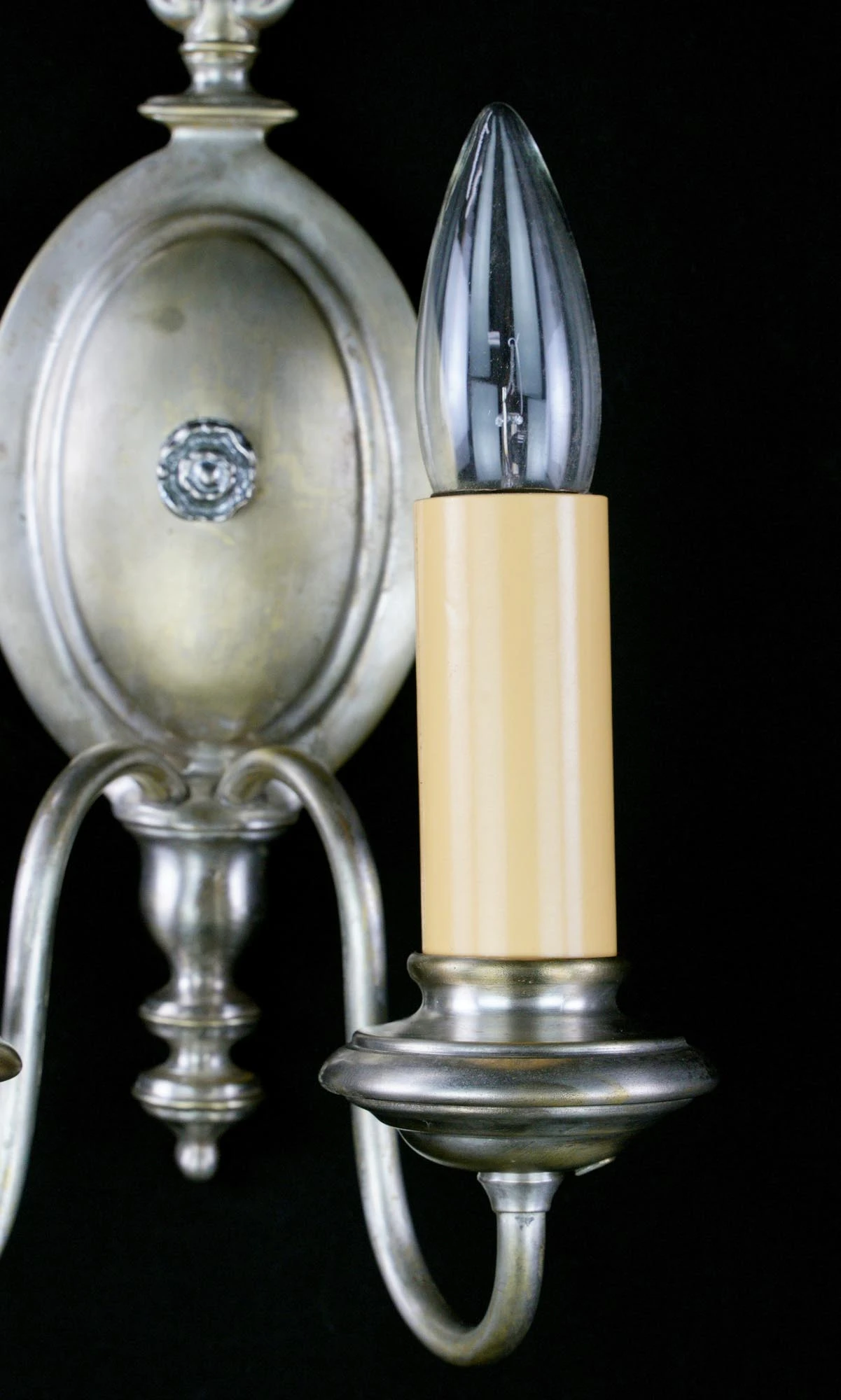 Restored Pair Of Colonial Nickeled Brass 2 Arm Wall Sconces 10 Restored Pair Of Colonial Nickeled Brass 2 Arm Wall Sconces - Image 8