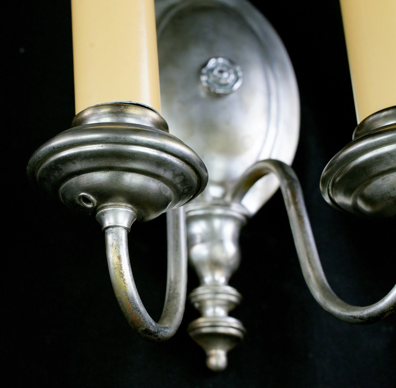 Restored Pair Of Colonial Nickeled Brass 2 Arm Wall Sconces 11 Restored Pair Of Colonial Nickeled Brass 2 Arm Wall Sconces - Image 9
