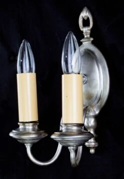Restored Pair Of Colonial Nickeled Brass 2 Arm Wall Sconces 24 Restored Pair Of Colonial Nickeled Brass 2 Arm Wall Sconces -OGT Sale Store q283293 11
