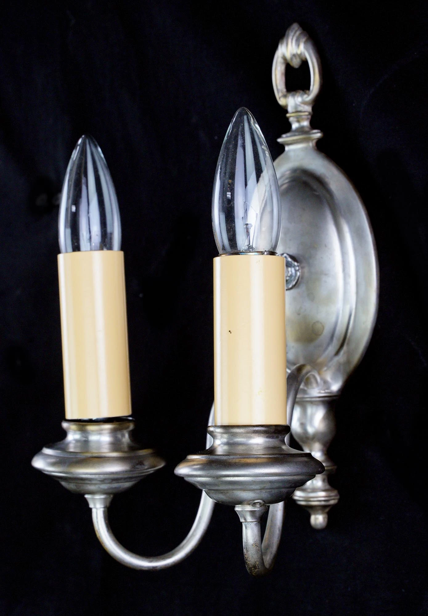 Restored Pair Of Colonial Nickeled Brass 2 Arm Wall Sconces 13 Restored Pair Of Colonial Nickeled Brass 2 Arm Wall Sconces - Image 11