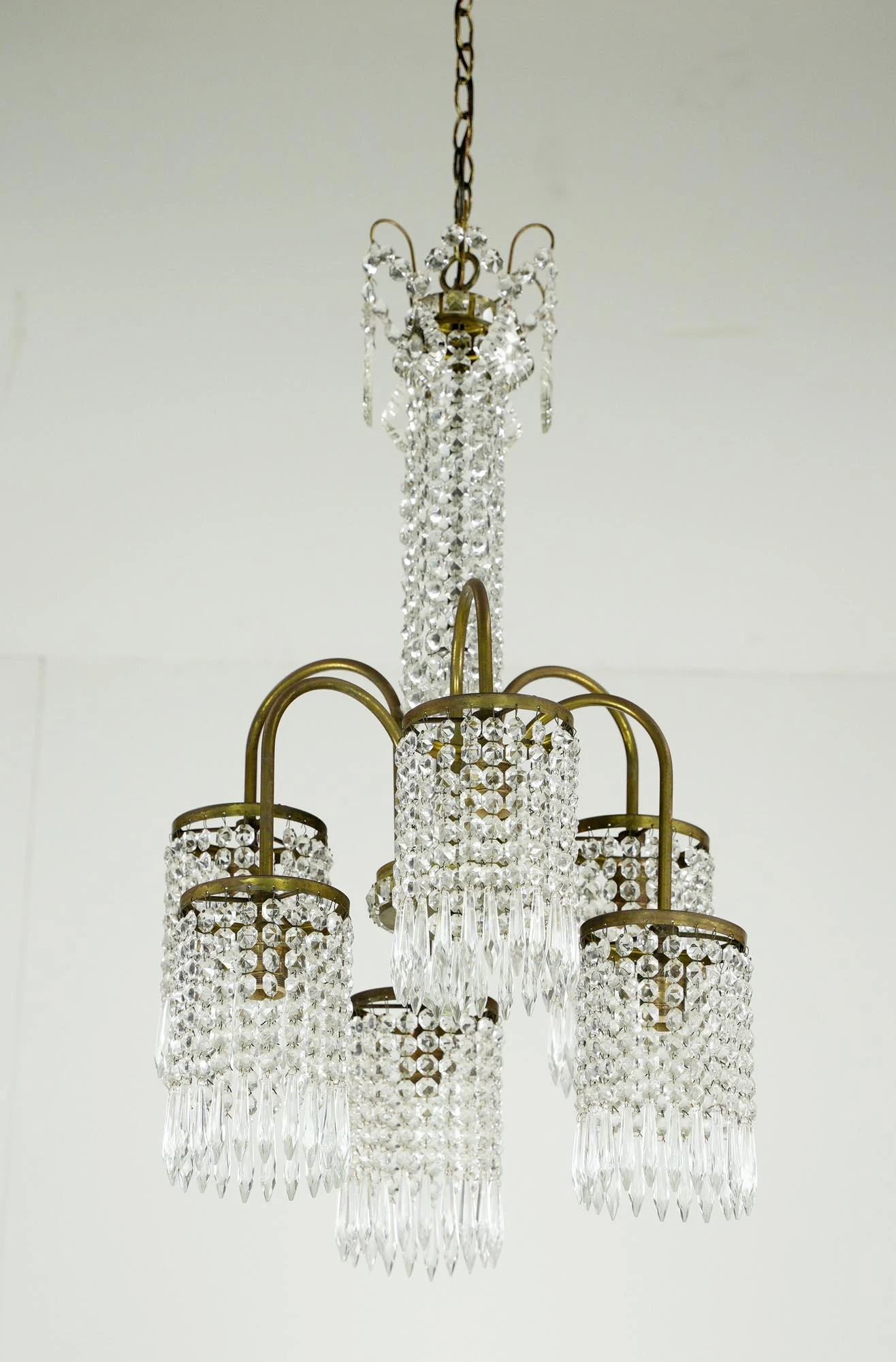 Restored Empire Crystal 6 Arm Brass Frame Chandelier 11 Restored Empire Crystal 6 Arm Brass Frame Chandelier - Image 9