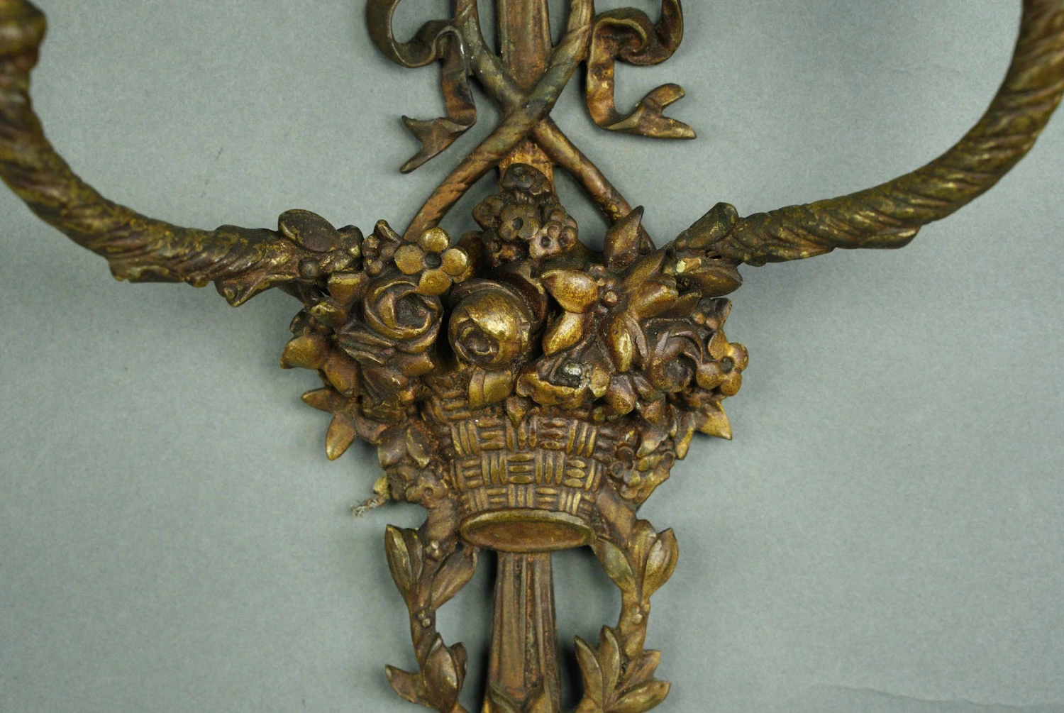 Pair Of French Ribbon & Floral Basket 2 Arm Brass Wall Sconces 7 Pair Of French Ribbon & Floral Basket 2 Arm Brass Wall Sconces - Image 5