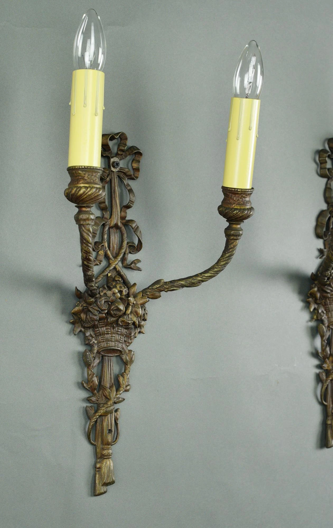 Pair Of French Ribbon & Floral Basket 2 Arm Brass Wall Sconces 10 Pair Of French Ribbon & Floral Basket 2 Arm Brass Wall Sconces - Image 8