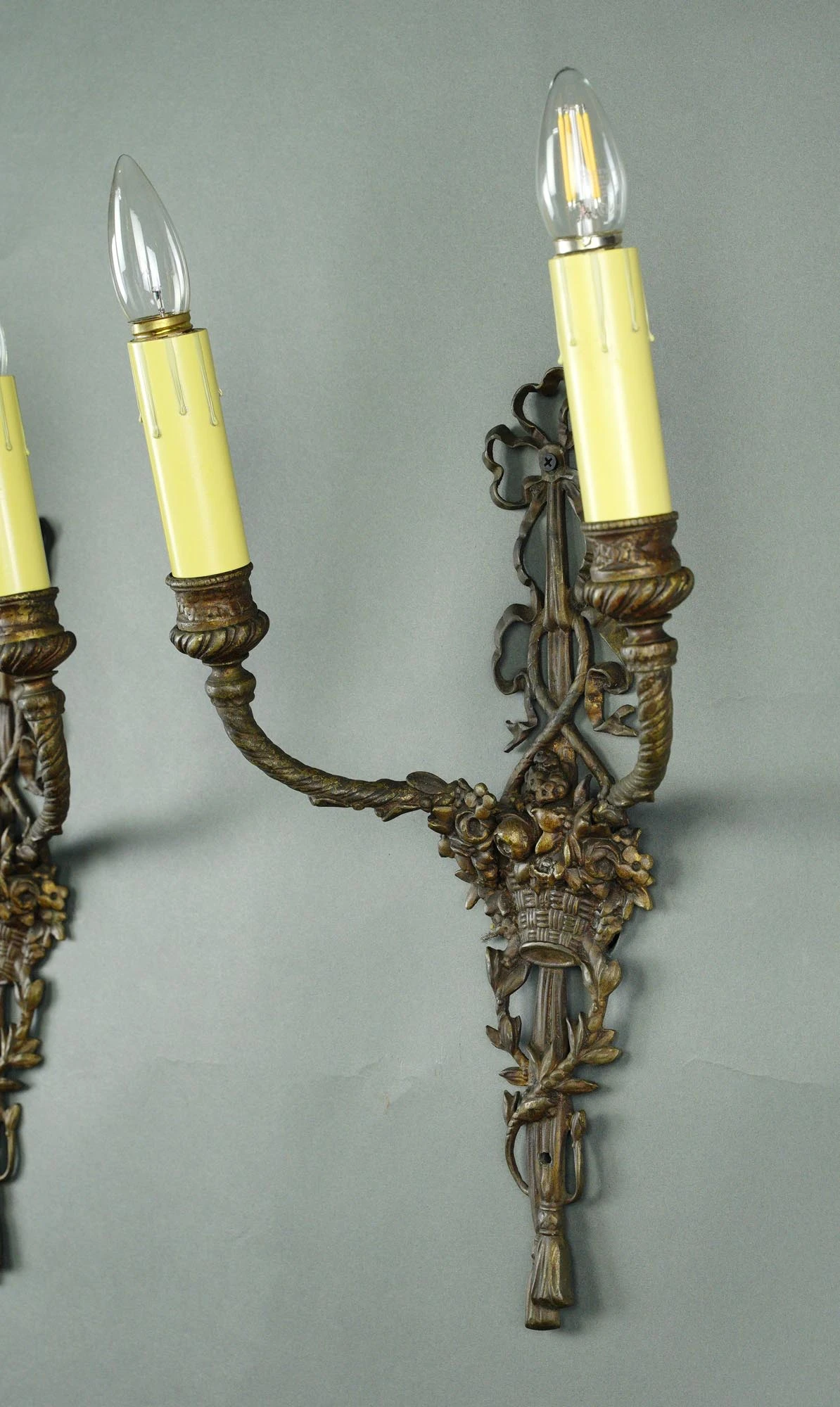 Pair Of French Ribbon & Floral Basket 2 Arm Brass Wall Sconces 11 Pair Of French Ribbon & Floral Basket 2 Arm Brass Wall Sconces - Image 9