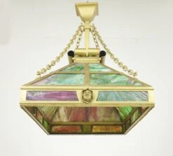 Arts & Crafts Figural Stained Glass Rectangular Brass Pendant Light 26 Arts & Crafts Figural Stained Glass Rectangular Brass Pendant Light -OGT Sale Store q284026 11