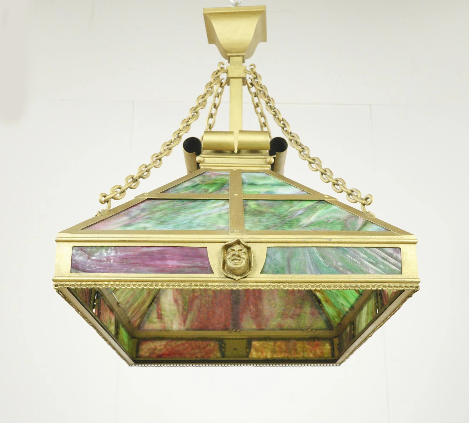 Arts & Crafts Figural Stained Glass Rectangular Brass Pendant Light 13 Arts & Crafts Figural Stained Glass Rectangular Brass Pendant Light - Image 11
