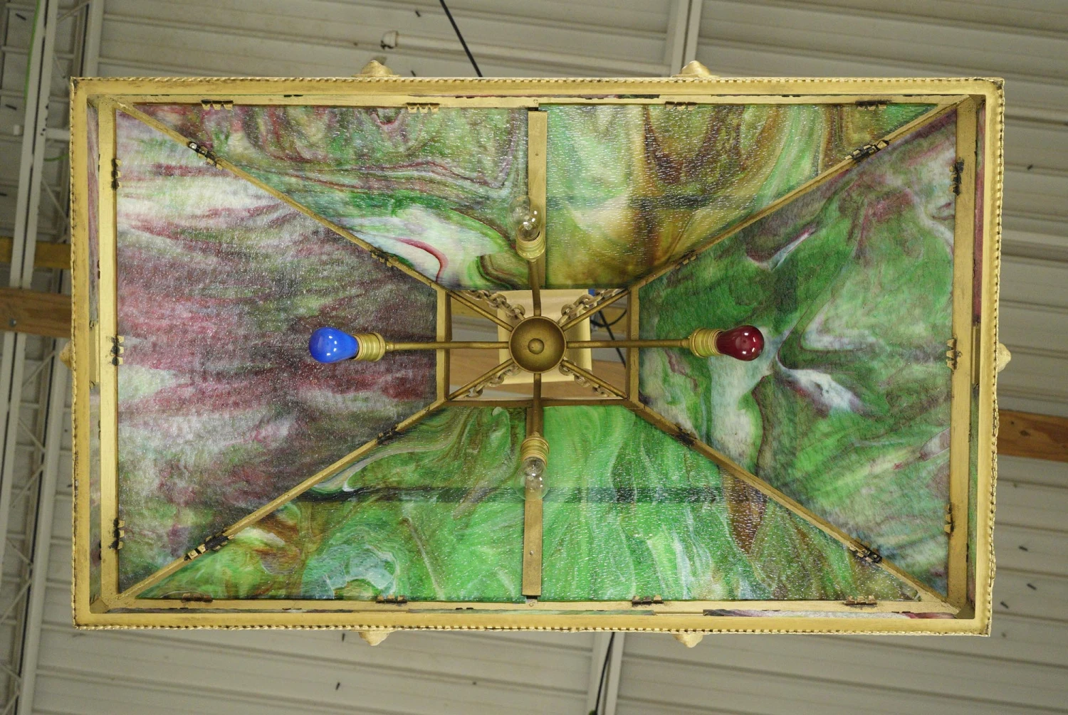 Arts & Crafts Figural Stained Glass Rectangular Brass Pendant Light 15 Arts & Crafts Figural Stained Glass Rectangular Brass Pendant Light - Image 13