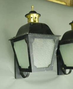Pair Of Traditional Pebbled Glass Black Steel Wall Lantern Exterior Sconces -OGT Sale Store q284129 04