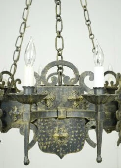 Wrought Iron 12 Arm Hammered Shield Motif Medieval Chandelier -OGT Sale Store q284215 05