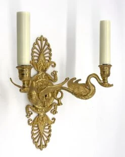 Pair Of French Empire Gilded Bronze Two Arm Swan Wall Sconces -OGT Sale Store q284356 13
