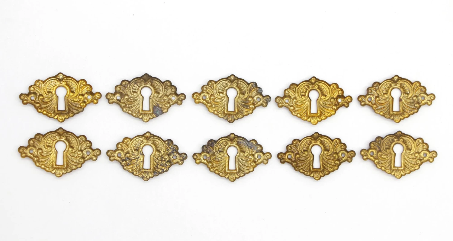 Set Of 10 Ornate Pressed Brass Keyhole Covers 6 Set Of 10 Ornate Pressed Brass Keyhole Covers - Image 4