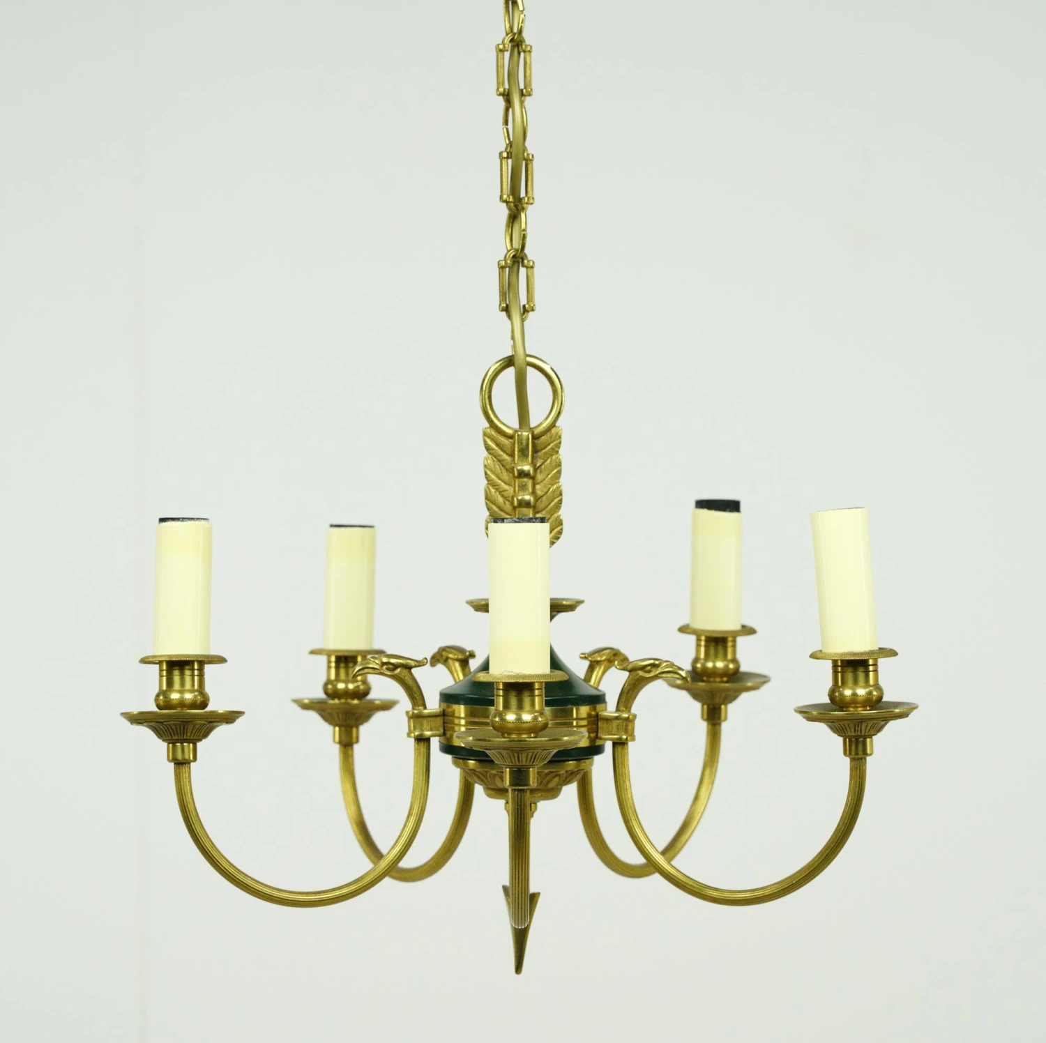 French Empire Eagle 5 Arm Brass Chandelier With Green Accents 7 French Empire Eagle 5 Arm Brass Chandelier With Green Accents - Image 5
