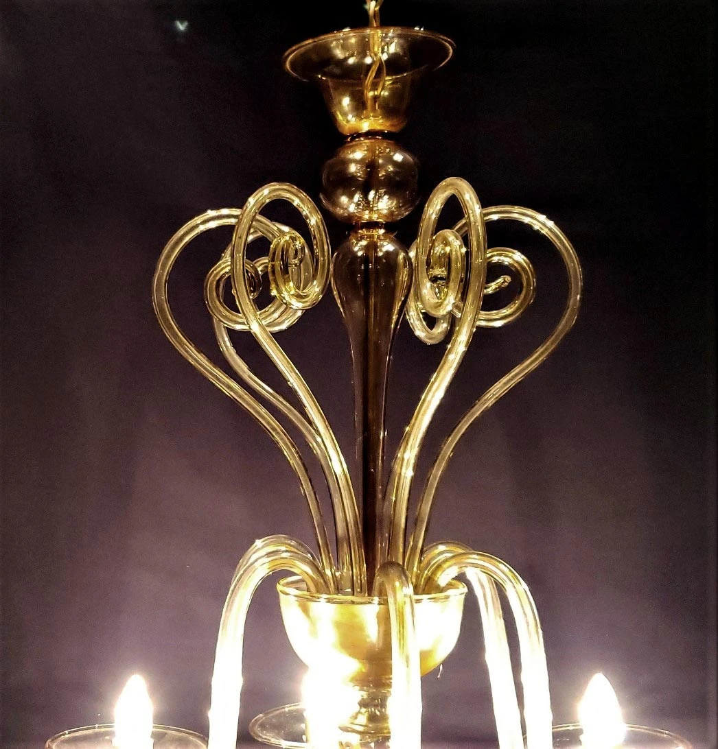 1950s Vintage Amber Murano Glass 6 J Shaped Arm Chandelier 8 1950s Vintage Amber Murano Glass 6 J Shaped Arm Chandelier - Image 6