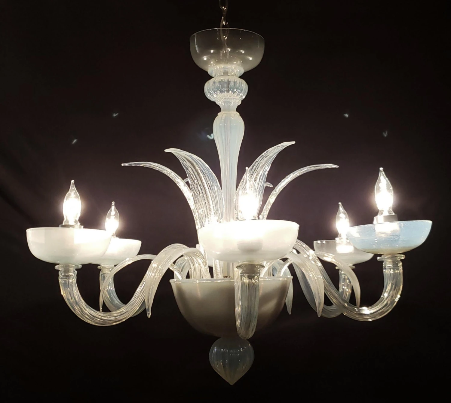 Vintage Murano Opaline Glass 6 S Arm Chandelier With Up & Down Leaves 6 Vintage Murano Opaline Glass 6 S Arm Chandelier With Up & Down Leaves - Image 4