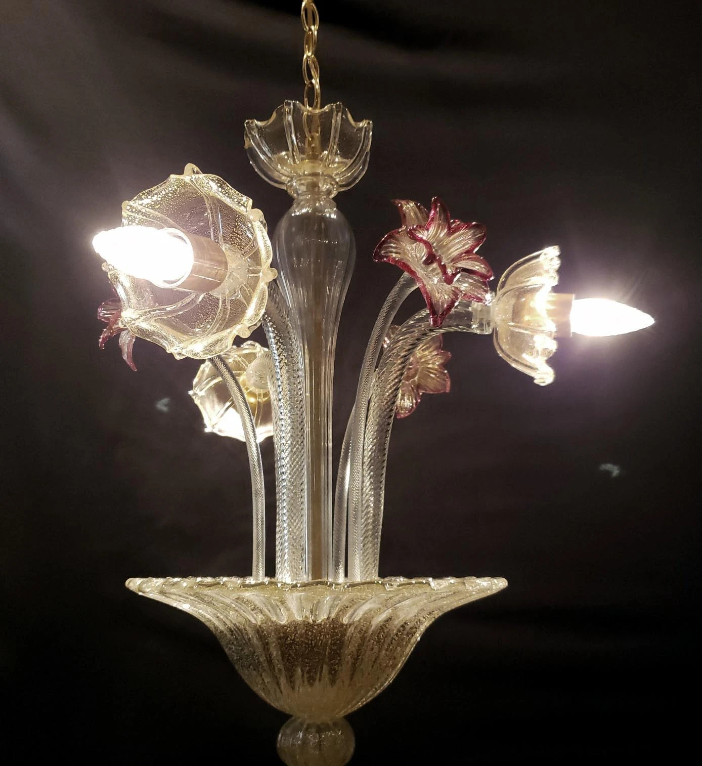 Vintage Murano Crystal 3 J Arms Chandelier With Gold & Rose Inflections 6 Vintage Murano Crystal 3 J Arms Chandelier With Gold & Rose Inflections - Image 4