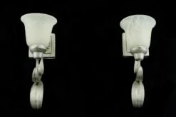 Pair Of Vintage 1 Arm White Alabaster Shades Silver Steel Wall Sconces 28 Pair Of Vintage 1 Arm White Alabaster Shades Silver Steel Wall Sconces -OGT Sale Store q285110 13