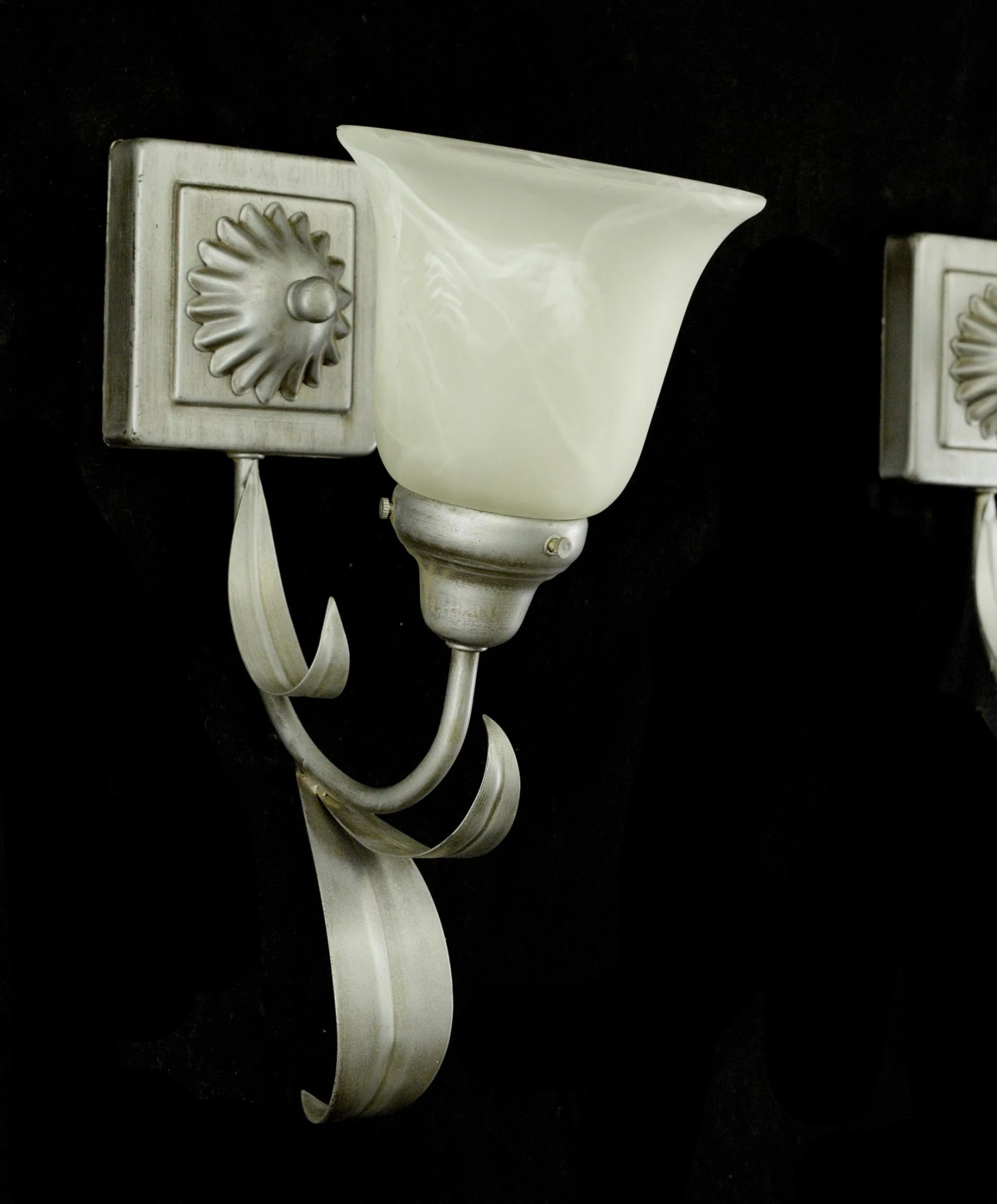 Pair Of Vintage One Arm White Alabaster Shade Silver Steel Wall Sconces 11 Pair Of Vintage One Arm White Alabaster Shade Silver Steel Wall Sconces - Image 9