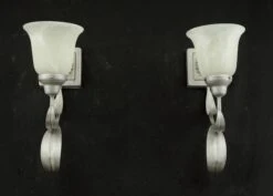 Pair Of Vintage One Arm White Alabaster Shade Silver Steel Wall Sconces 27 Pair Of Vintage One Arm White Alabaster Shade Silver Steel Wall Sconces -OGT Sale Store q285111 12